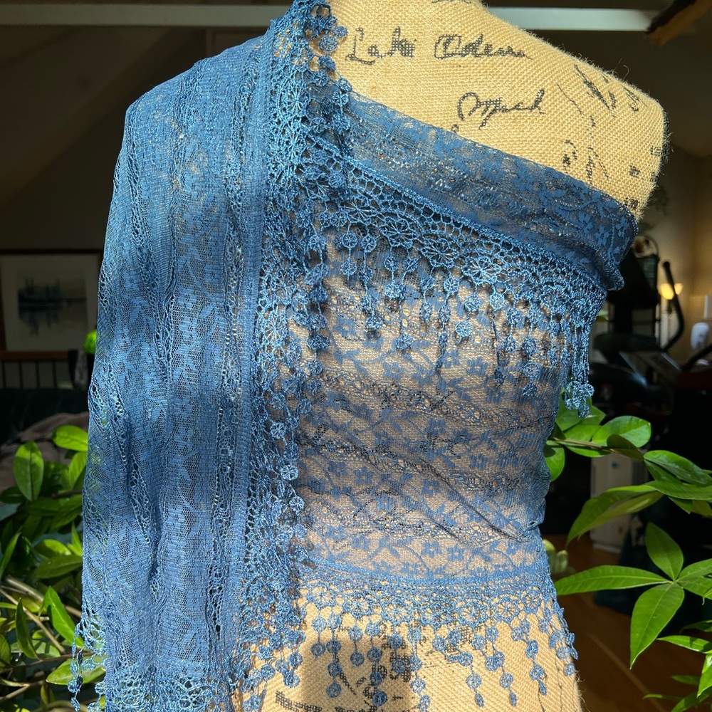 Delicate, cornflower-blue handmade shawl